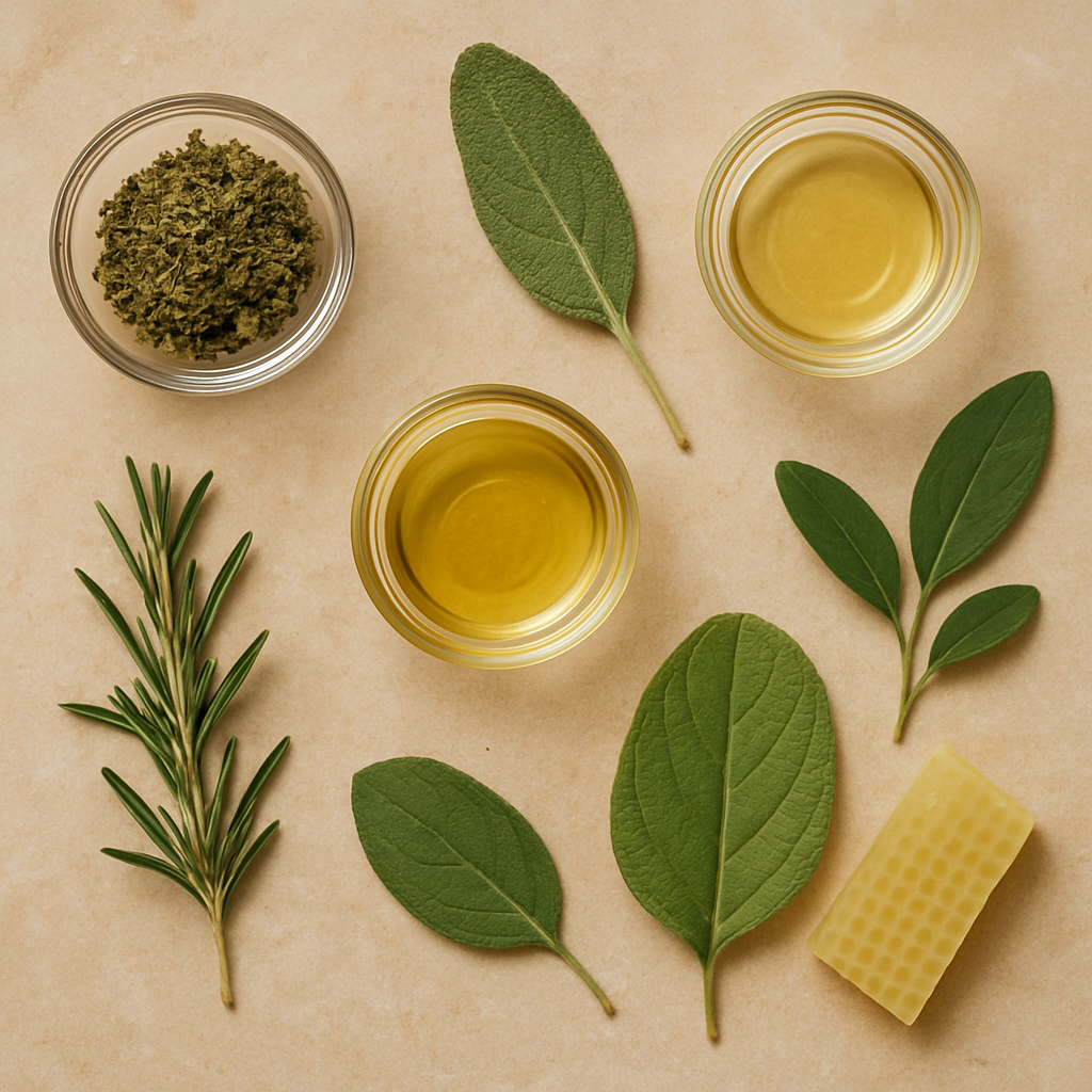 Přírodní rostlinné ingredience a oleje uspořádané na světlém kamenném povrchu